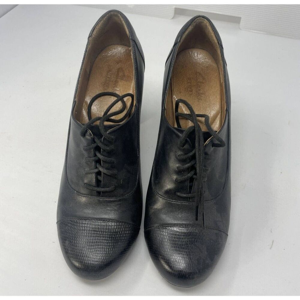 Clarks Indigo Loyal Aster Lace-Up Mary Jane Pumps Black Leather Womens Size 8